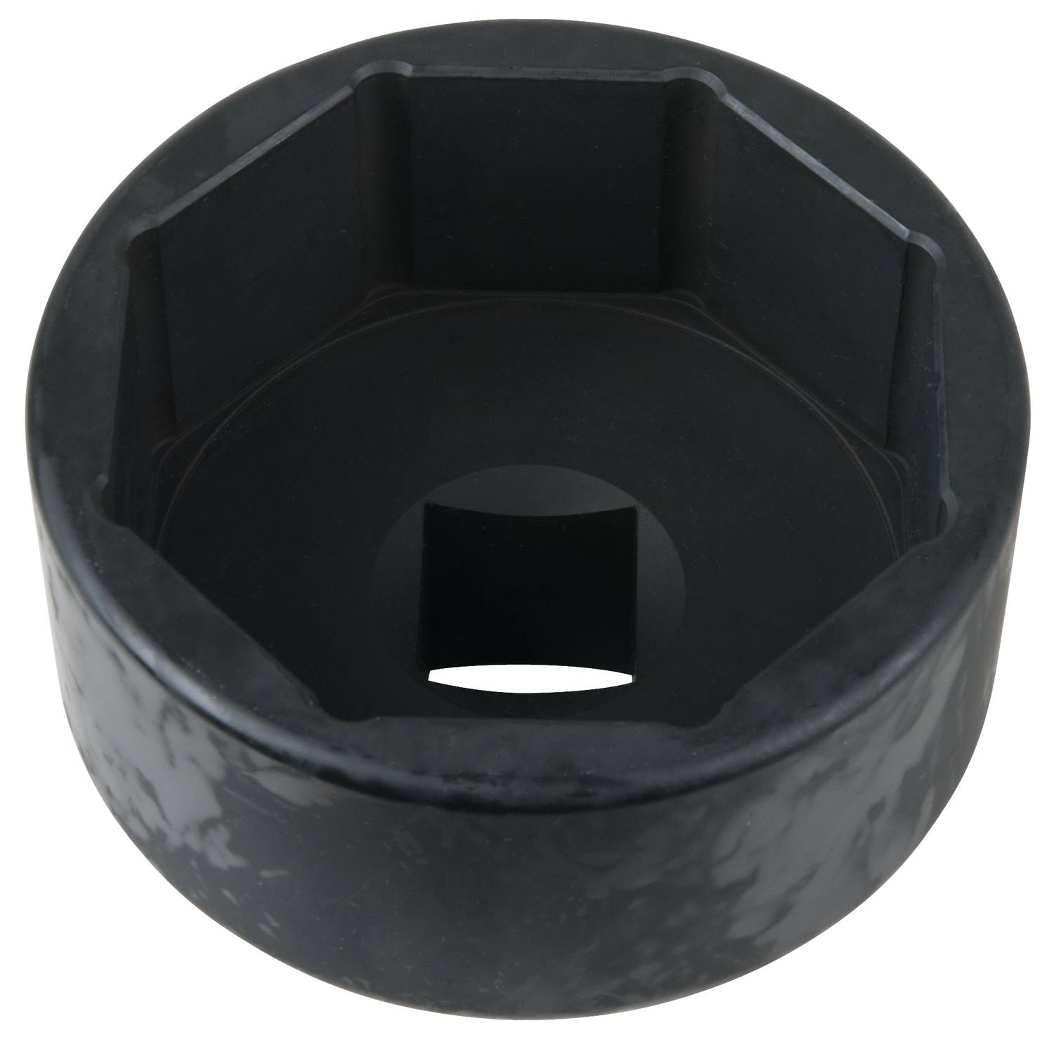Schwarze, sechskantige Stecknuss aus Metall, dient zum Anziehen oder Lösen von Schrauben oder Muttern mit passender Größe.