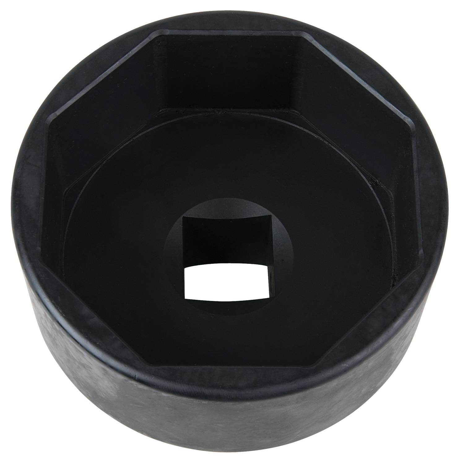 Schwarze, sechseckige Stecknuss mit quadratischer Öffnung in der Mitte, verwendet für das Anziehen oder Lösen von Muttern oder Schrauben.