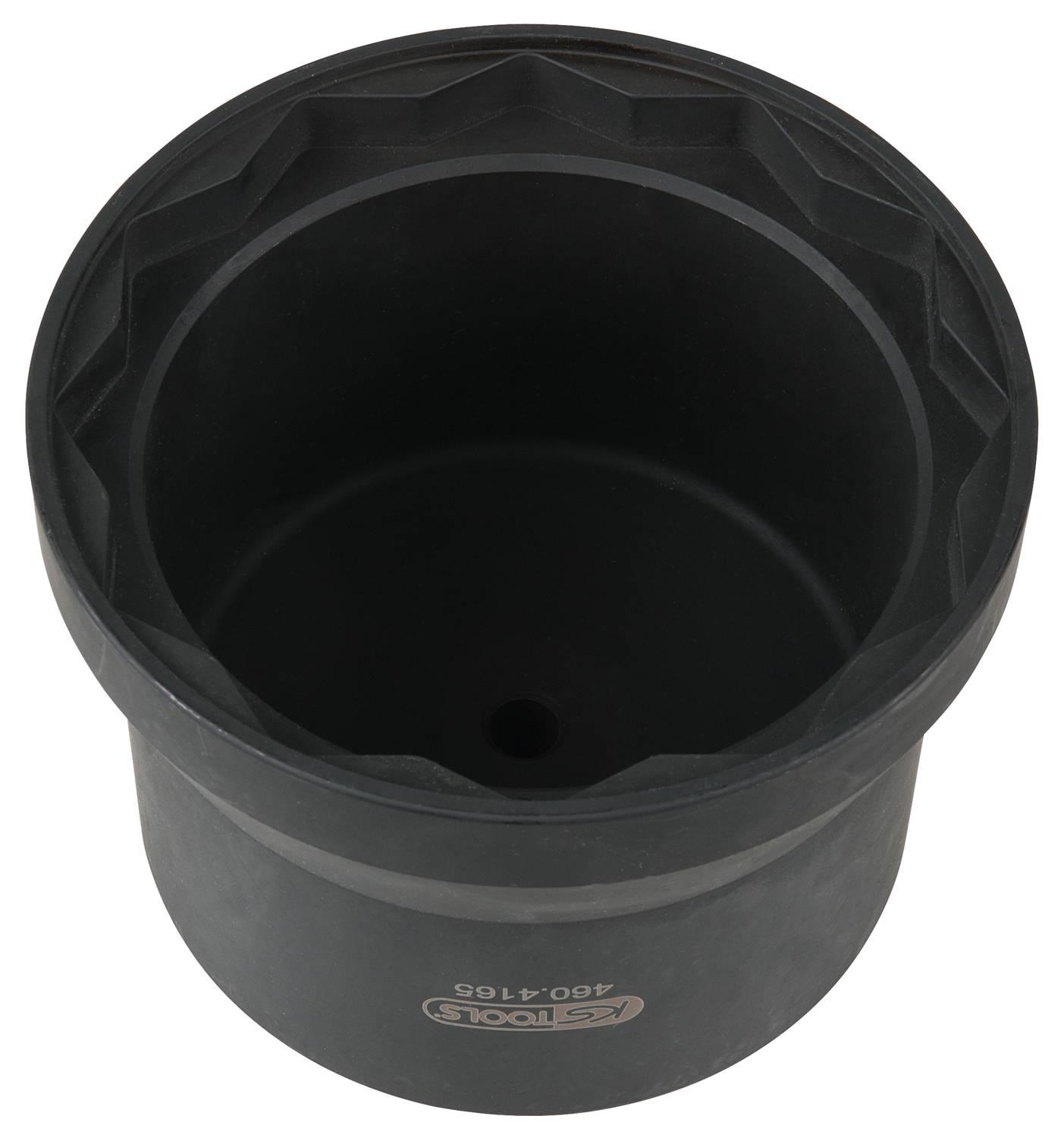 Ein großer, schwarzer Werkzeugaufsatzzylinder aus Metall, wahrscheinlich ein Werkzeugzubehör für spezifische Maschinenkomponenten.