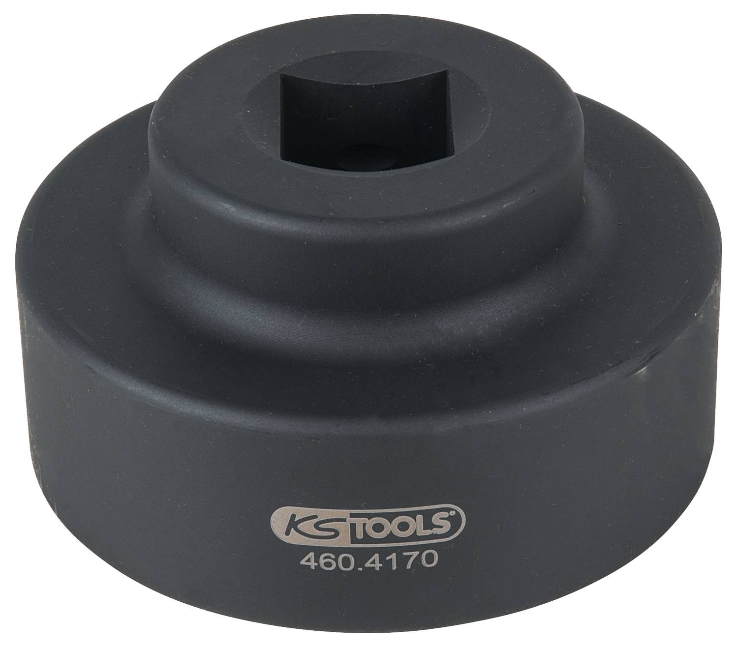 Schwarze Stecknuss mit 'KS TOOLS' und '460.4170' Aufdruck. Rundes Design mit quadratischer Aufnahme für Werkzeuge.