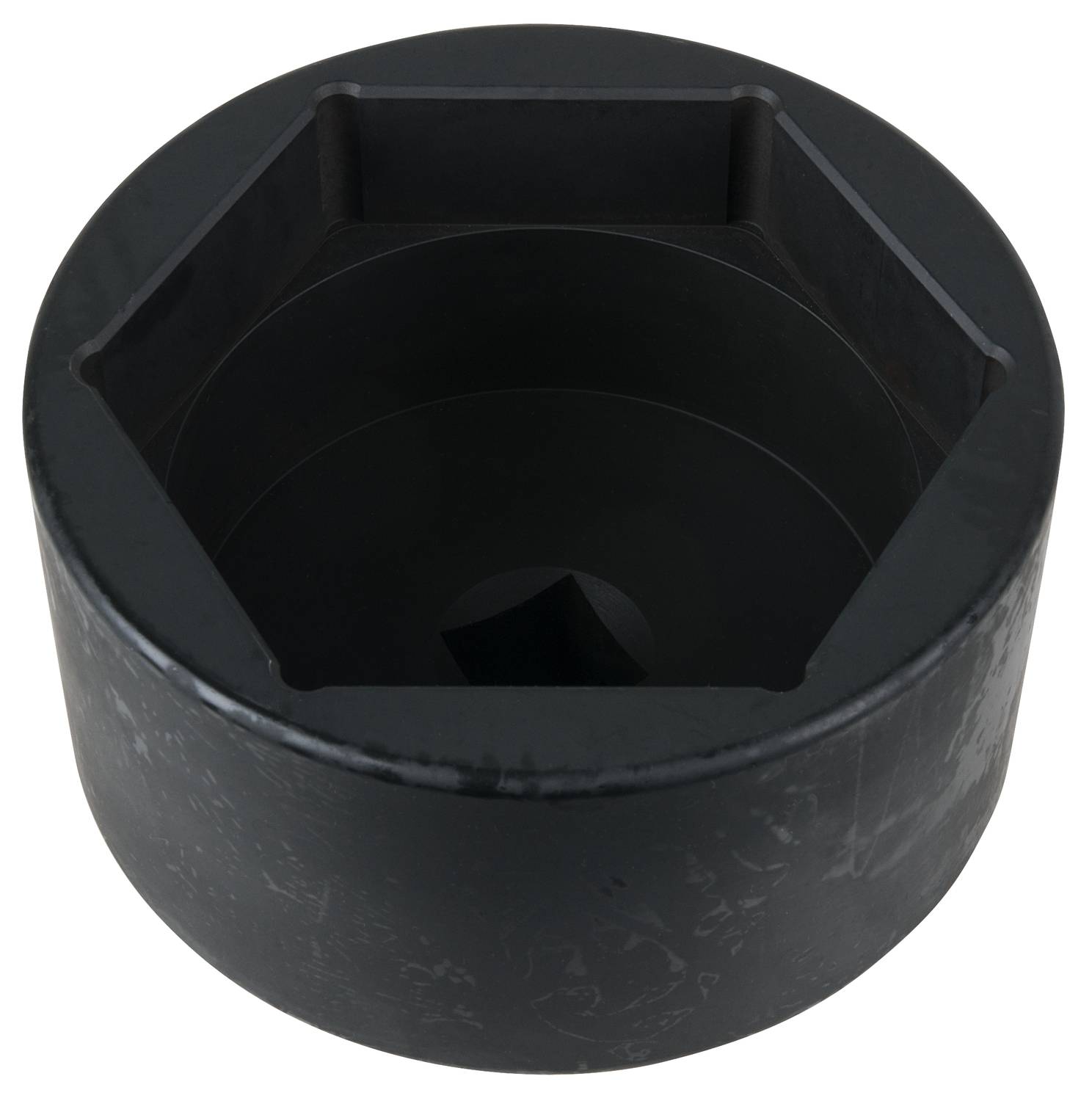 Eine schwarze, sechseckige Stecknuss, von oben betrachtet, zeigt die innenliegenden Wände und die Einstecköffnung in der Mitte.