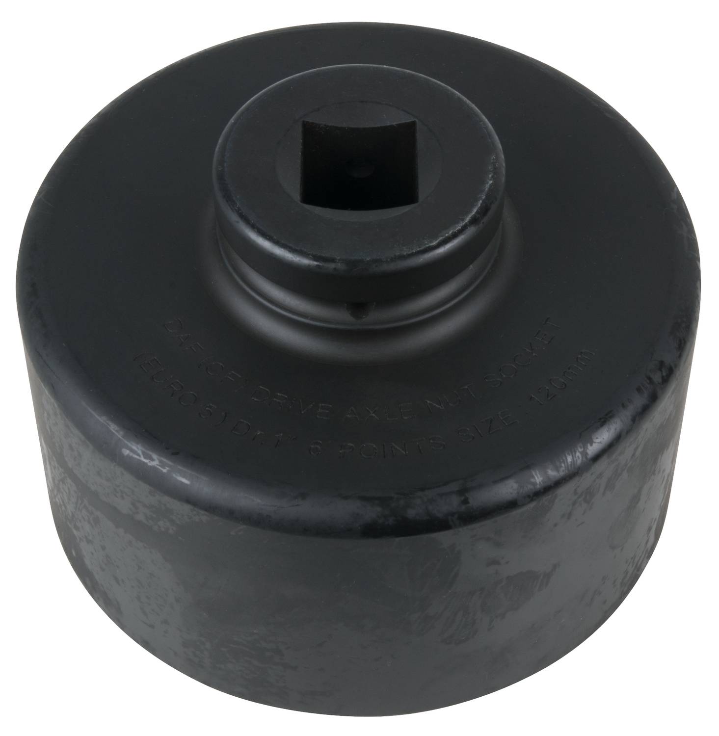 Großer schwarzer Metallaufsatz mit quadratischer Öffnung oben, verwendet zur Anpassung oder Befestigung auf anderen Werkzeugen oder Maschinen.