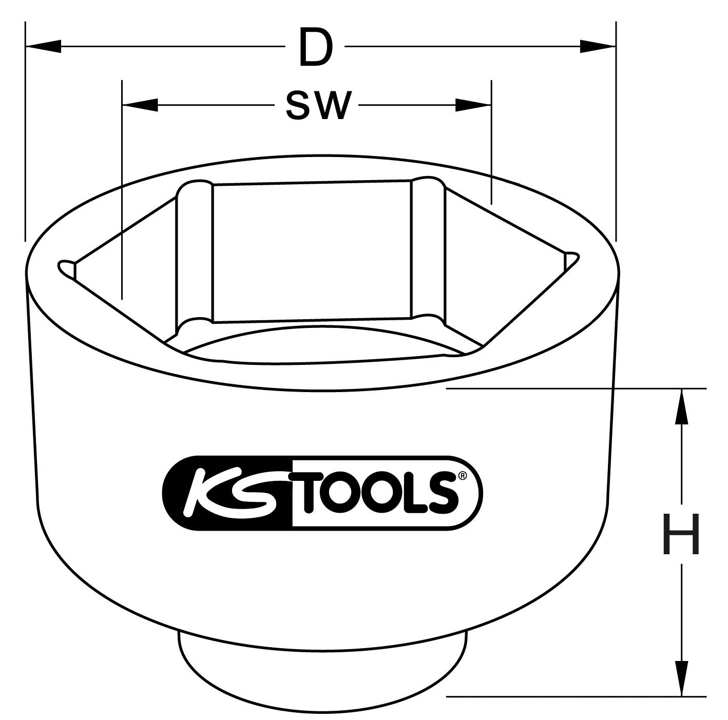 Abbildung eines Steckschlüssels mit den Maßen D, SW und H. Das KS Tools Logo ist sichtbar.