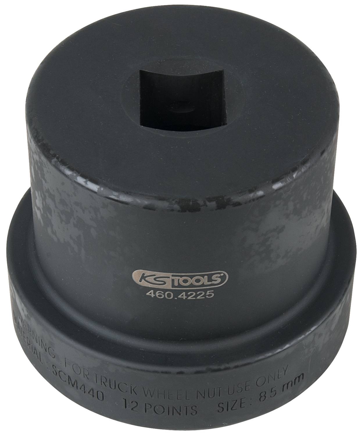 Schwarze Stecknuss mit quadratischer Öffnung oben und Aufschrift 'KS TOOLS 460.4225' an der Seite. Geeignet für LKW-Radmuttern, Größe 85 mm.