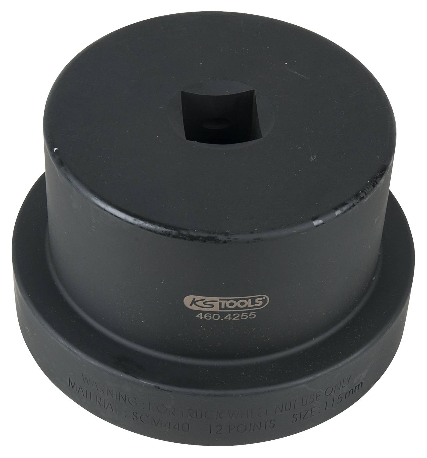 Ein schwarzer Steckschlüssel von KS Tools mit der Aufschrift: 'FOR TRUCK WHEEL NUT USE ONLY'. Größe: 115 mm.