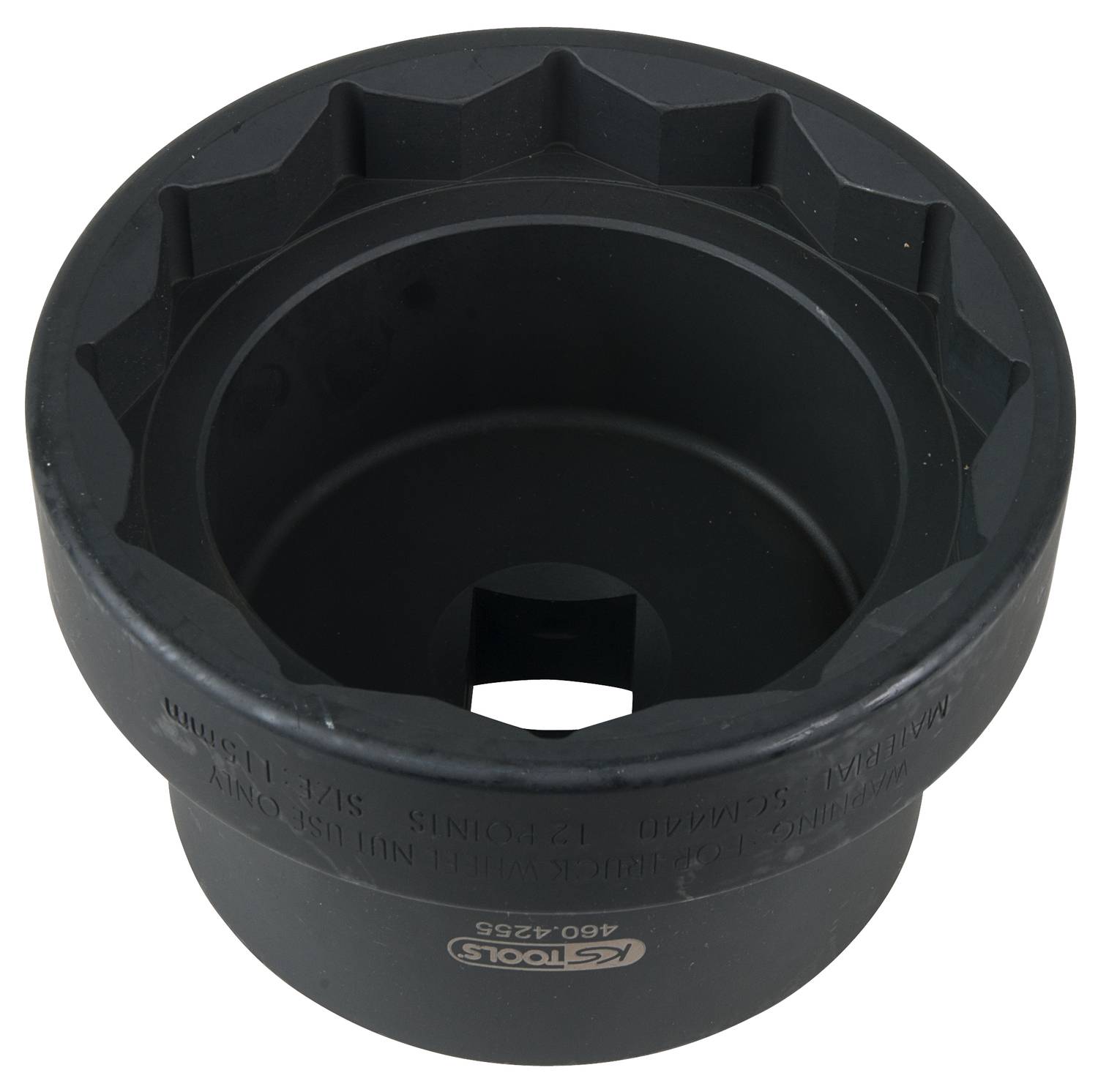 Ein schwarzer Steckschlüssel mit einem sternförmigen Innenprofil, typischerweise für große Schraubenmuttern in industriellen Anwendungen verwendet.