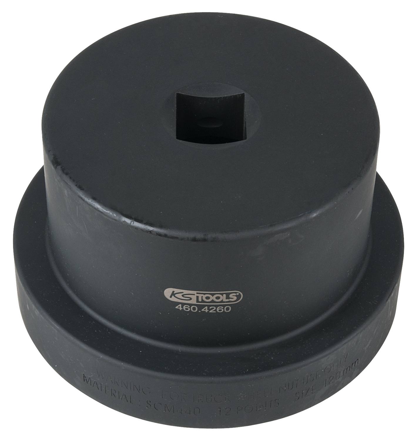 Schwarzer Rundpfeiler aus Metall mit zylindrischer Form und einer quadratischen Aussparung oben, versehen mit einem Logo und einer Produktnummer.