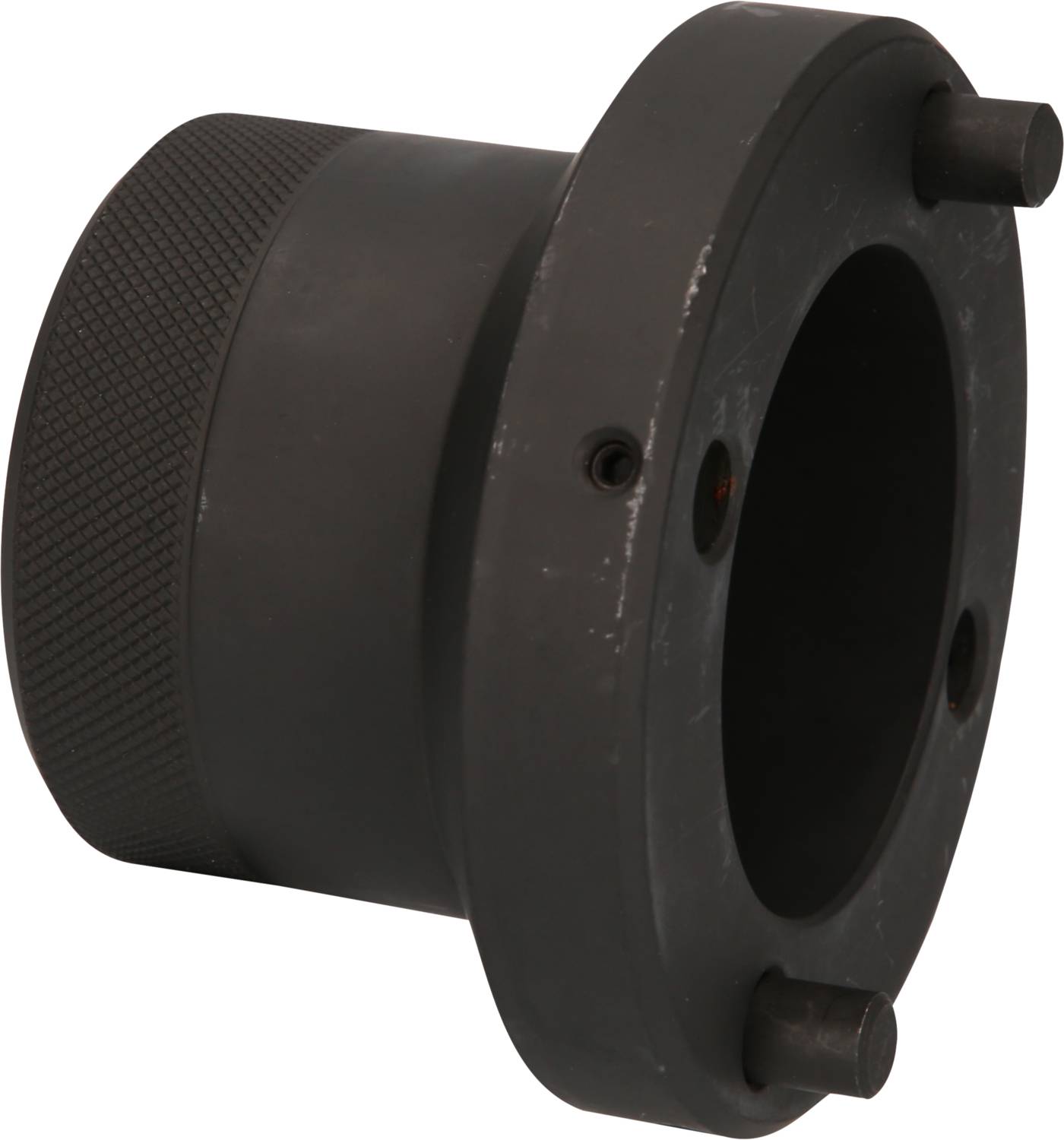 Ein schwarzes, zylindrisches Maschinenteil mit geriffeltem Abschnitt und zwei herausragenden Stiften an der Vorderseite.