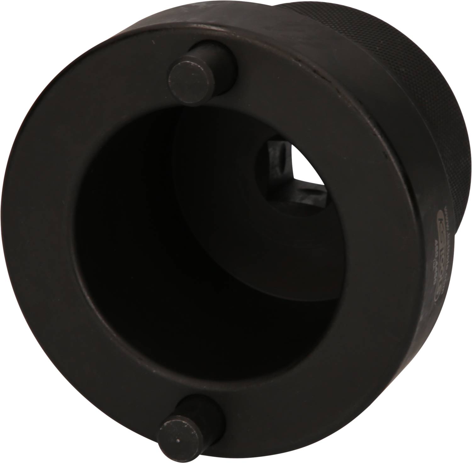 Ein zylinderförmiges, schwarzes Werkzeug mit zwei Stiften. Es scheint für technische Zwecke oder industrielle Anwendungen geeignet.