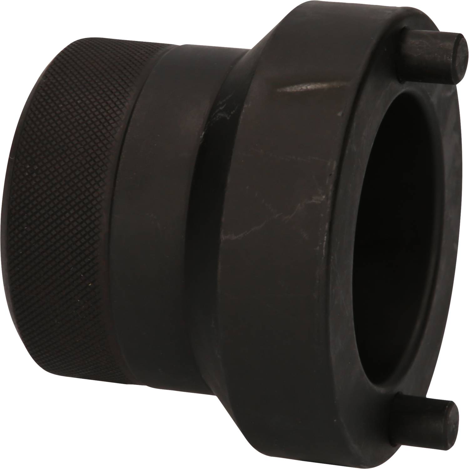 Metallwerkzeug mit gerändeltem Griff und zwei hervorstehenden Stiften, möglicherweise ein Spezialschlüssel oder Adapter.