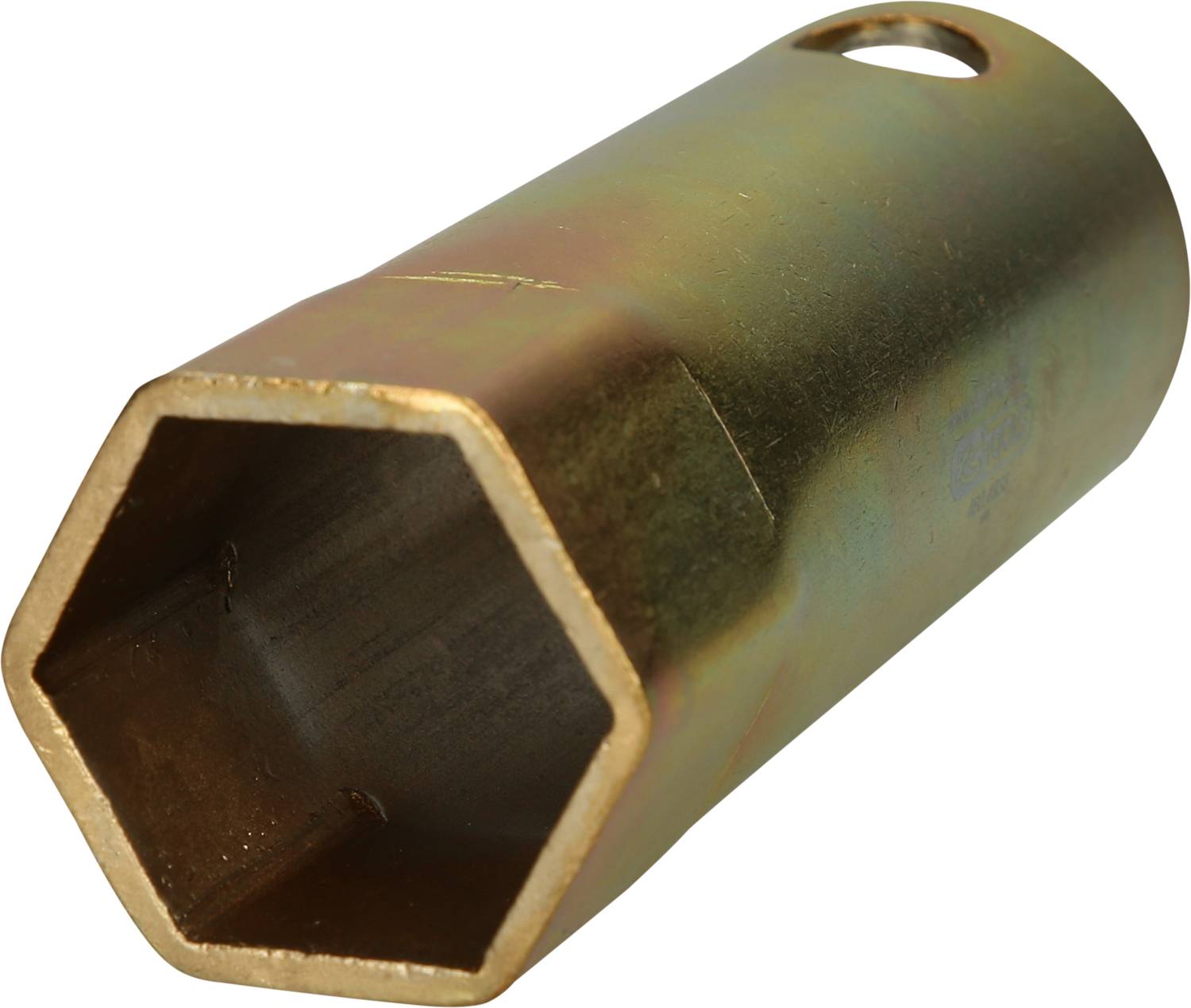 Ein sechseckiger Metallschlüssel mit einer Bohrung an einem Ende, zur Verwendung bei der Montage oder Demontage von speziellen Schrauben.