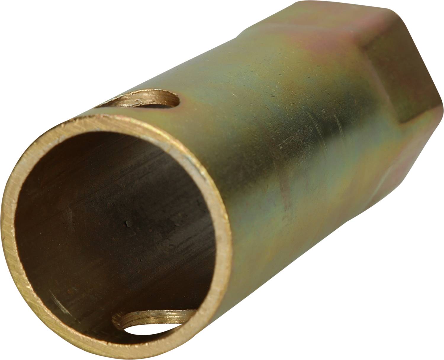 Ein zylindrisches Metallwerkzeug mit sechseckiger Öffnung, das zum Festziehen oder Lösen von Schrauben oder Muttern verwendet wird.