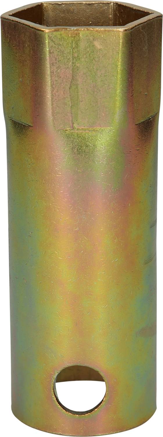 Ein sechseckiger, metallischer Zündkerzenschlüssel mit einem Loch an der Seite, verwendet zum Entfernen oder Installieren von Zündkerzen.