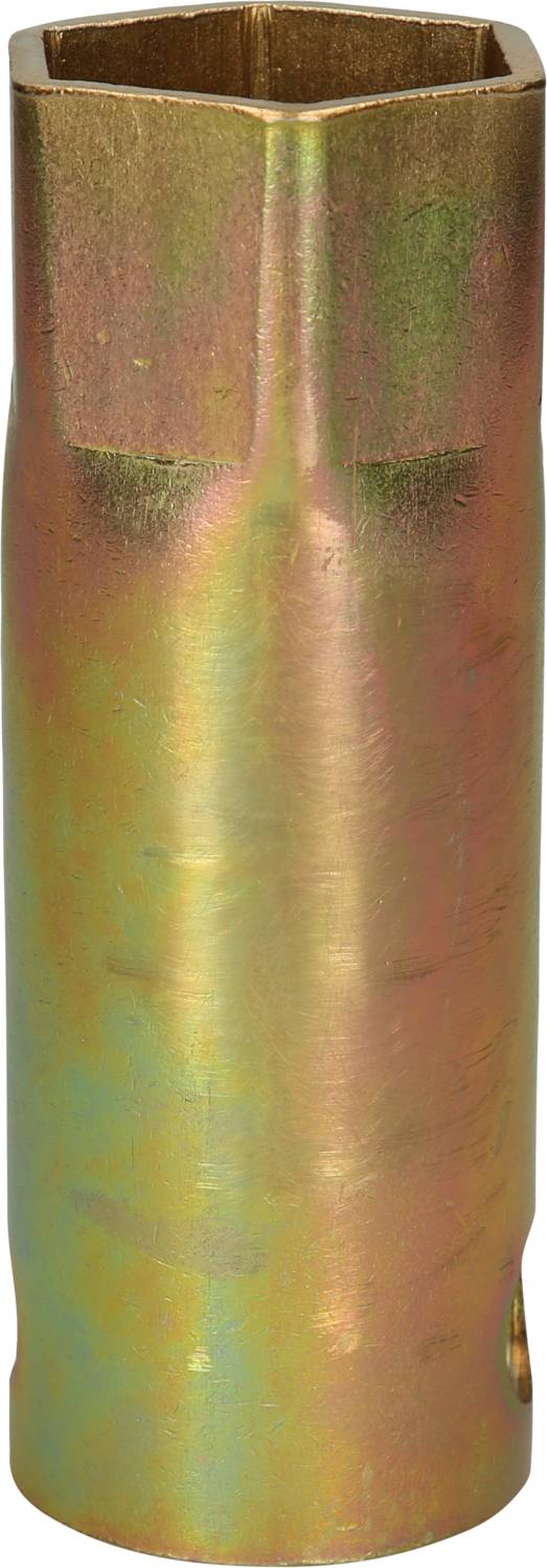 Metallische Sechskant-Hülse mit schillernder Oberfläche, hauptsächlich in Gelb- und Grüntönen.