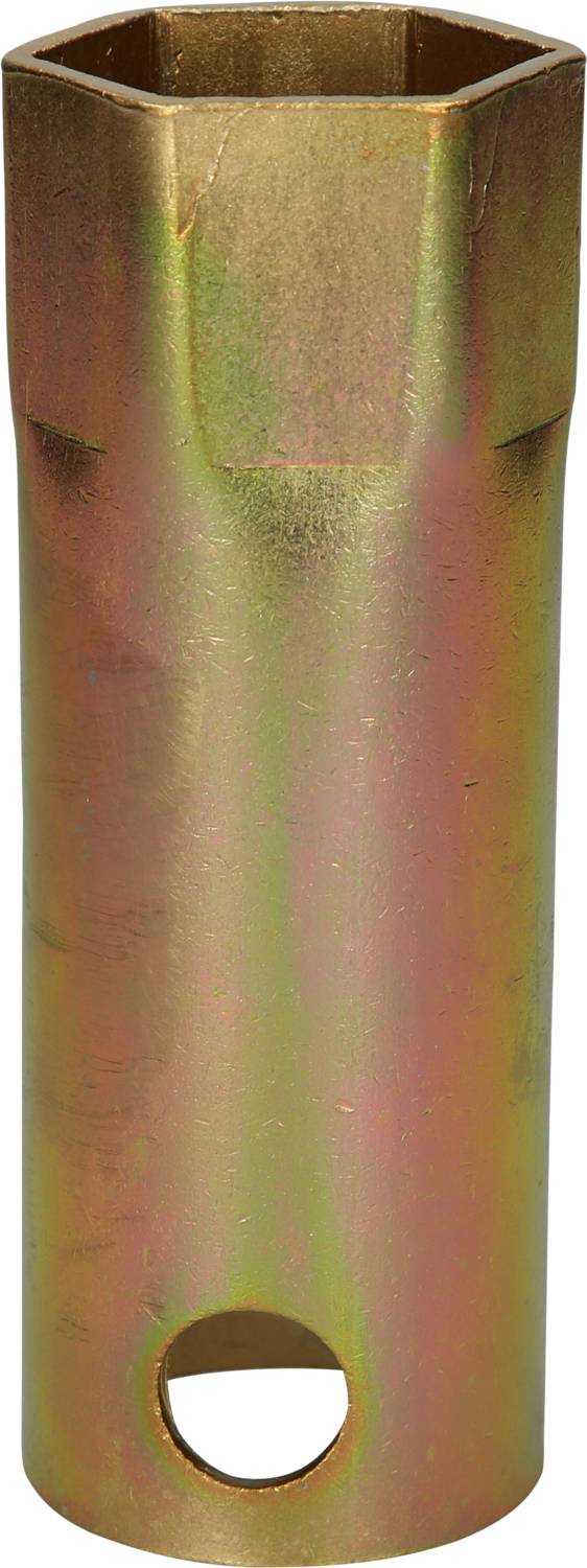 Ein goldfarbener, zylindrischer Steckschlüssel mit einem Loch an der Seite, geeignet für Sechskant-Schraubenköpfe.