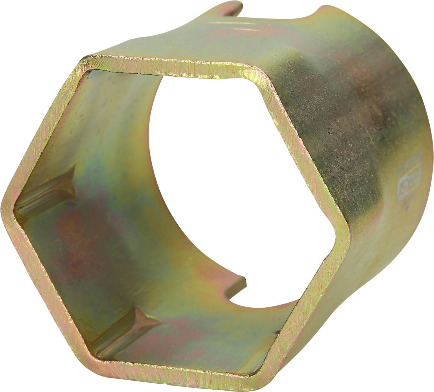 Metallischer Sechskantschlüssel mit gelblicher Beschichtung, wahrscheinlich für das Entfernen von Radmuttern oder ähnliche Aufgaben.