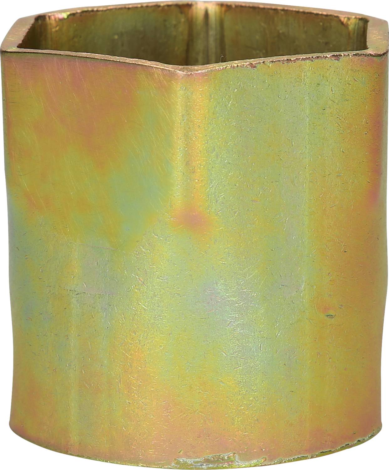 Gelber Metallgegenstand in sechseckiger Form, aufrecht stehend. Oberfläche schimmert in verschiedenen Farbtönen.