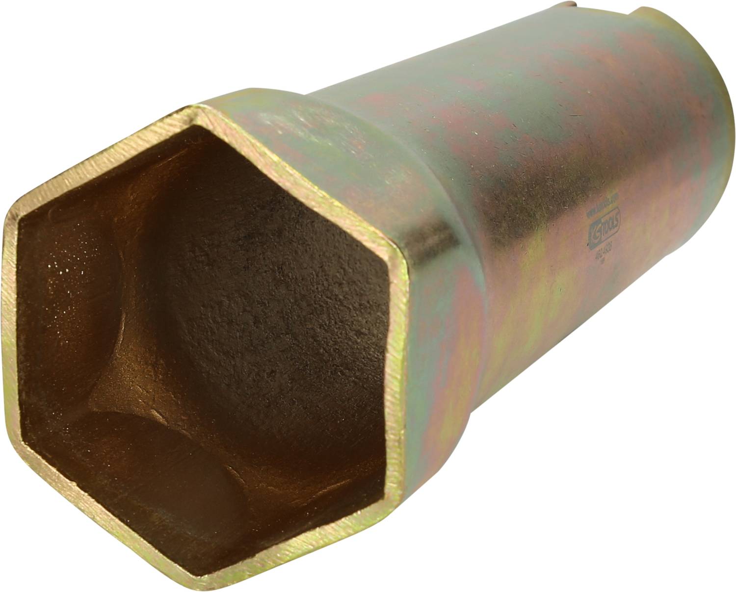 Großer, sechseckiger Metallschlüssel mit rostfarbener Patina, vermutlich für große Schrauben oder Muttern verwendet.