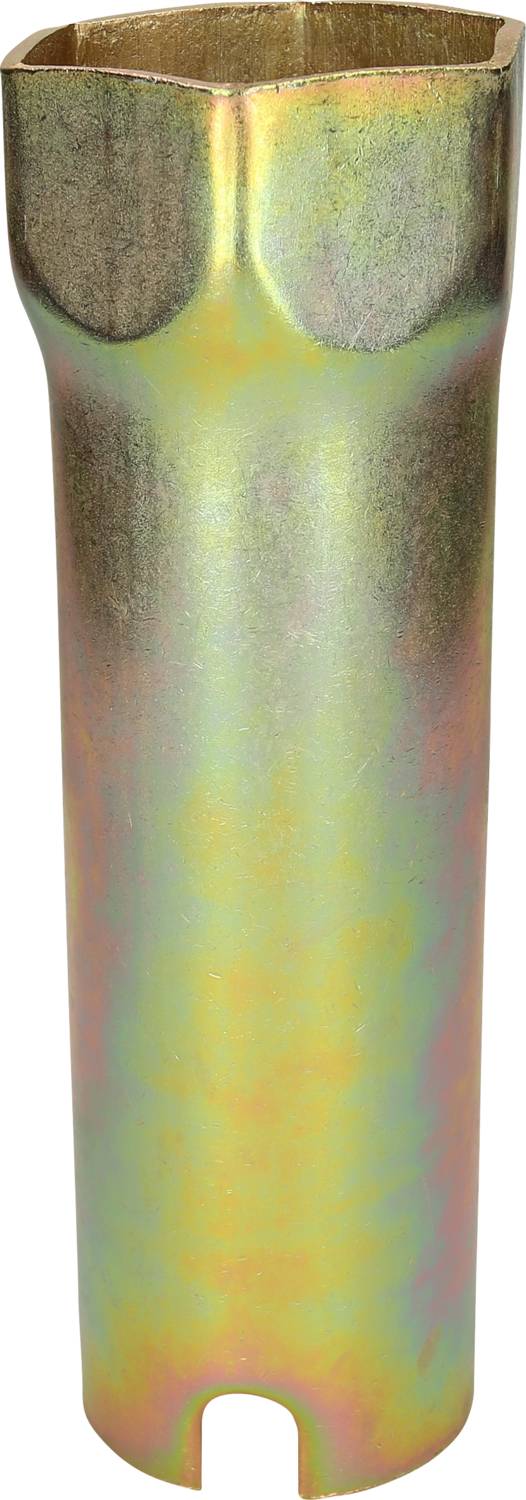 Länglicher, golden schimmernder Metallzylinder mit offener Oberseite und gezacktem Rand an der Unterseite.