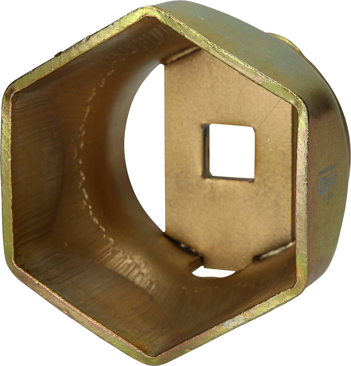 Sechskantige Metallhülse, vermutlich ein Schraubenschlüssel-Aufsatz, mit quadratischer Öffnung an der Rückseite für Schraubwerkzeuge.