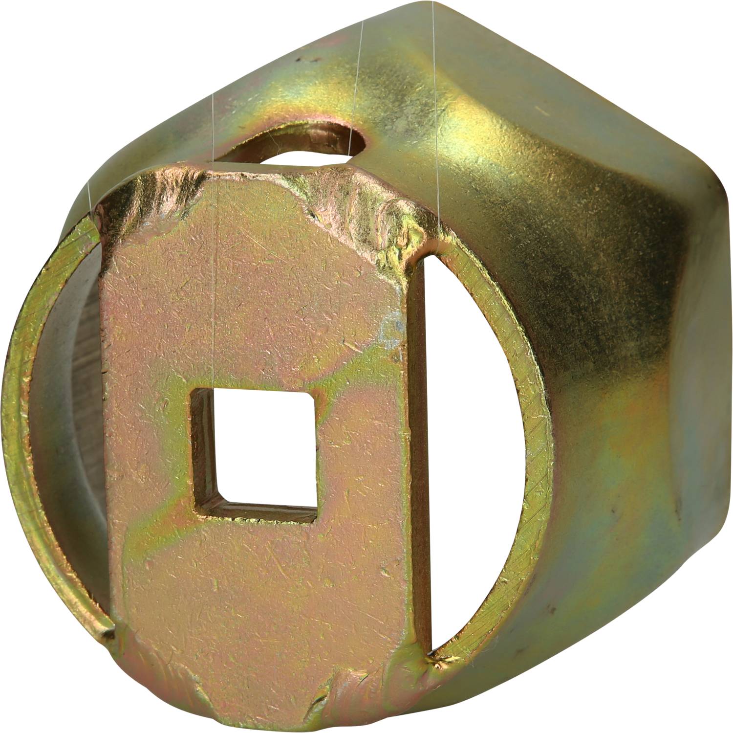 Ein goldenes, sechseckiges Metallteil mit einem quadratischen Loch in der Mitte. Es hat eine robuste und industrielle Erscheinung.