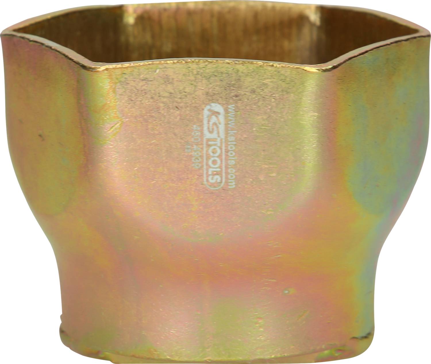 Ein sechseckiger Metallaufsatz mit KS Tools Aufschrift. Verwendet für mechanische Arbeiten, erscheint robust und golden glänzend.