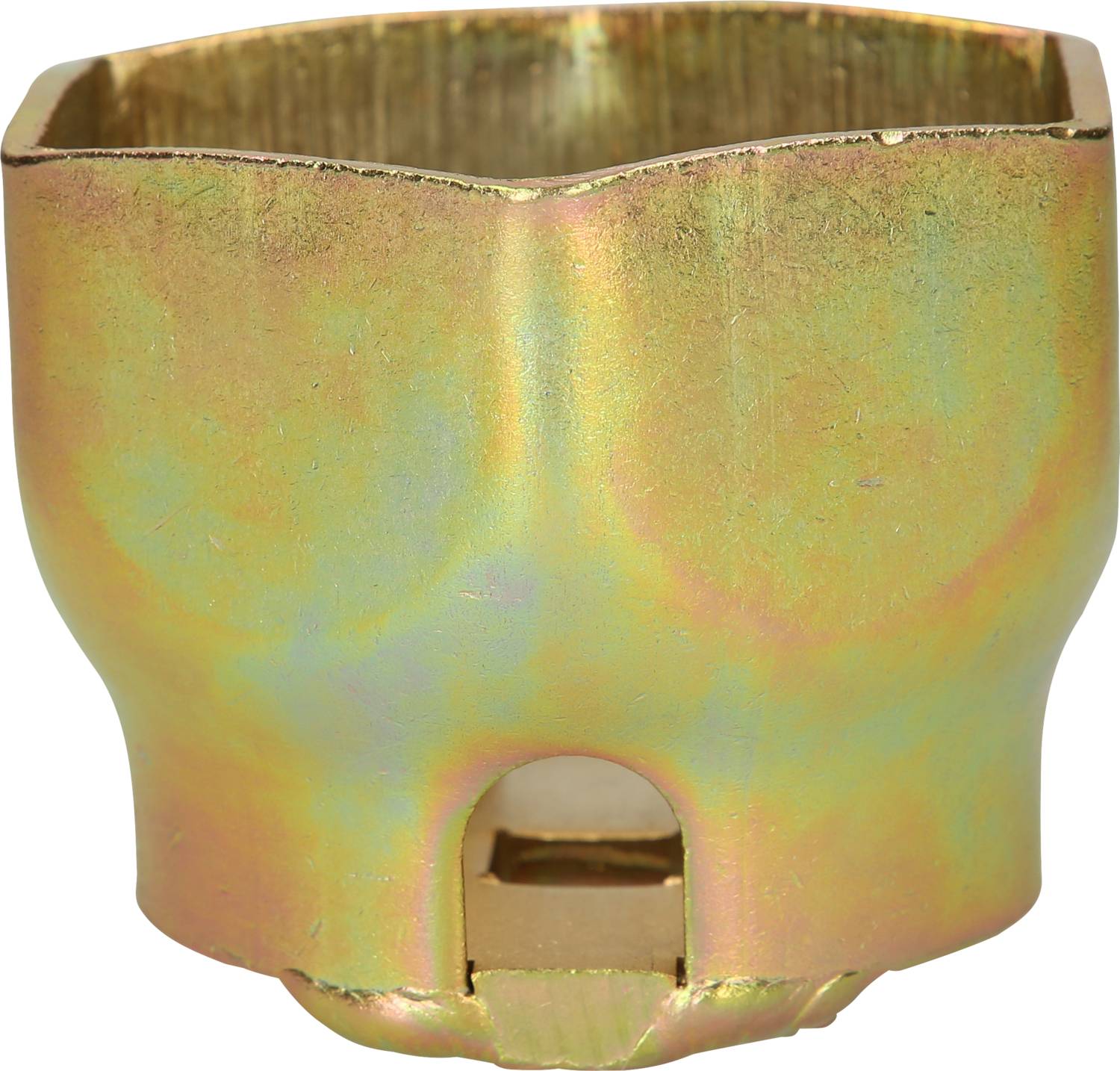 Ein goldenes Metallstück mit einer zylindrischen Form und einer Aussparung an der Unterseite, möglicherweise ein mechanisches Werkzeugteil.