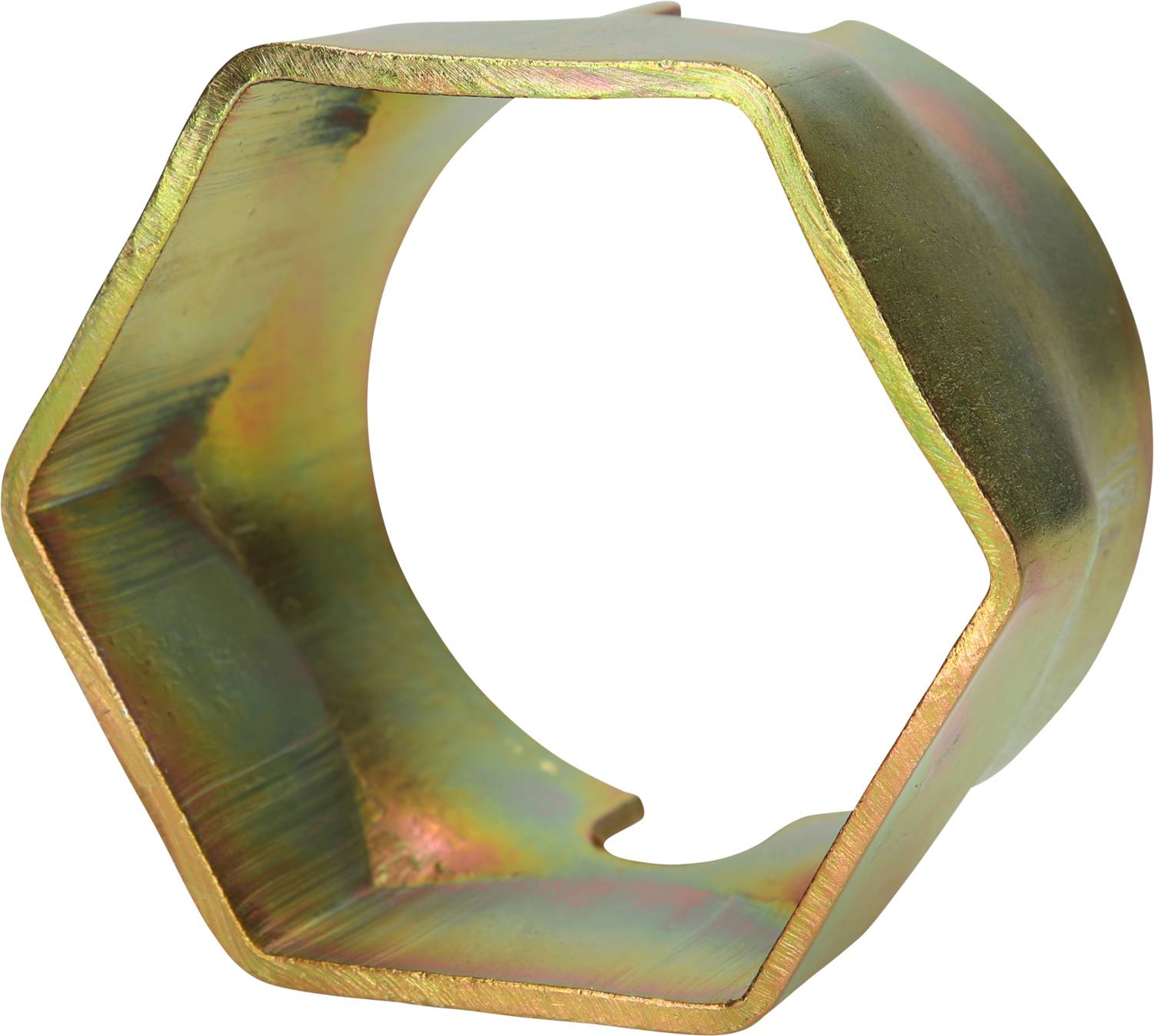 Metallmutter mit sechseckiger Form aus goldfarbenem Material, teilweise oxidiert.