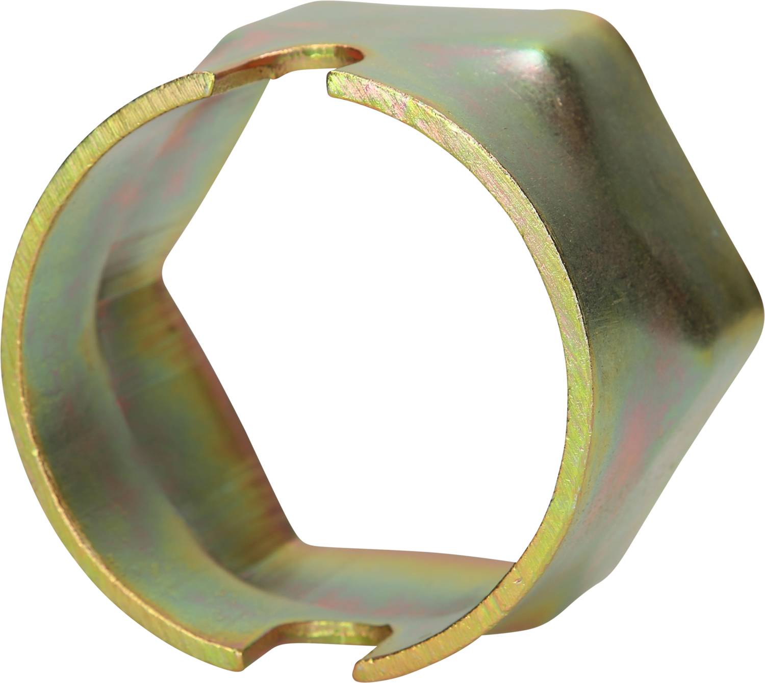 Ein bronzefarbenes, sechseckiges Metallstück. Es hat eine offene, röhrenförmige Form mit einer schmalen Kante.