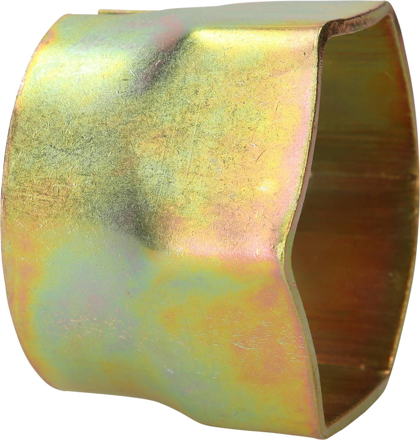 Metallklemme mit unregelmäßiger Form und schimmerndem, goldenen Farbton. Verwendet zum Fixieren von zylindrischen Objekten.