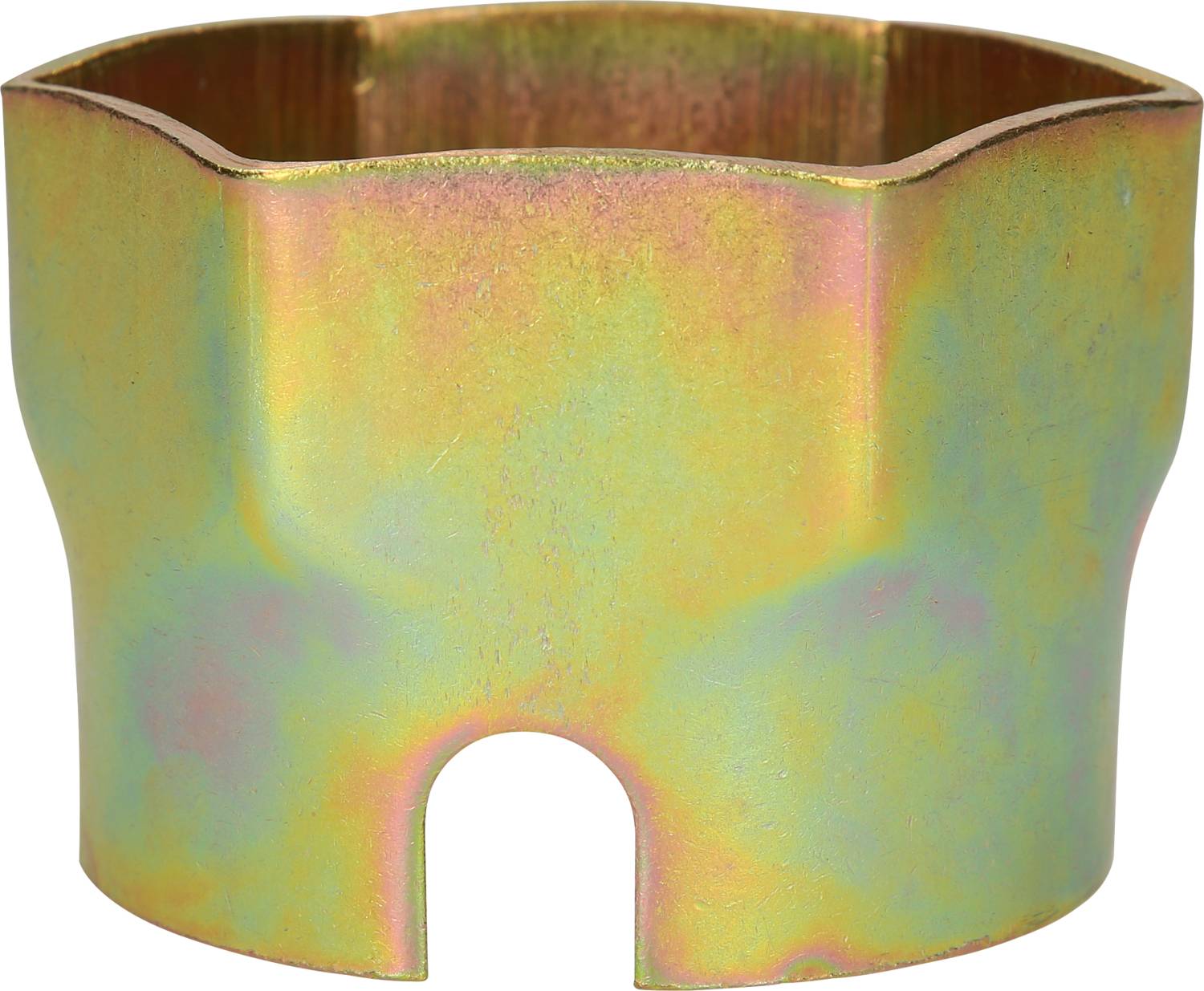 Ein goldfarbener Metallzylinder mit gewelltem Rand, verwendet als Werkzeugaufsatz für spezielle mechanische Anwendungen.