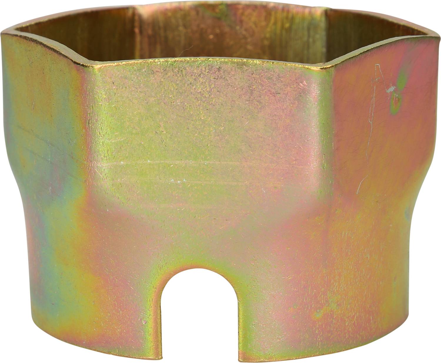 Metallbuchse mit sechseckiger Form und einer Kerbe an der Unterseite, glänzend in Regenbogenfarben.