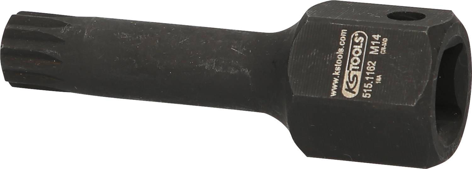 Schwarzer Steckschlüssel-Aufsatz mit Prägung, runde Form mit geriffeltem Ende und sechseckiger Öffnung.