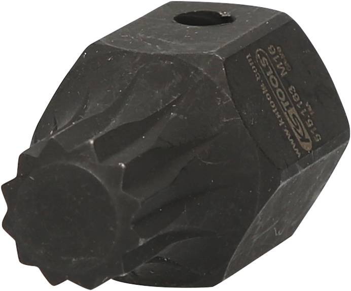 Ein schwarzes, sechseckiges Metallwerkzeug mit gezahnter Spitze und eingravierter Schrift.