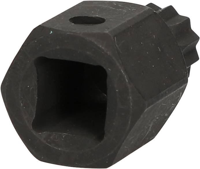 Schwarzes, sechseckiges Metallwerkzeug mit einem quadratischen Loch in der Mitte, möglicherweise ein Aufsatz für die Befestigung von Schrauben.