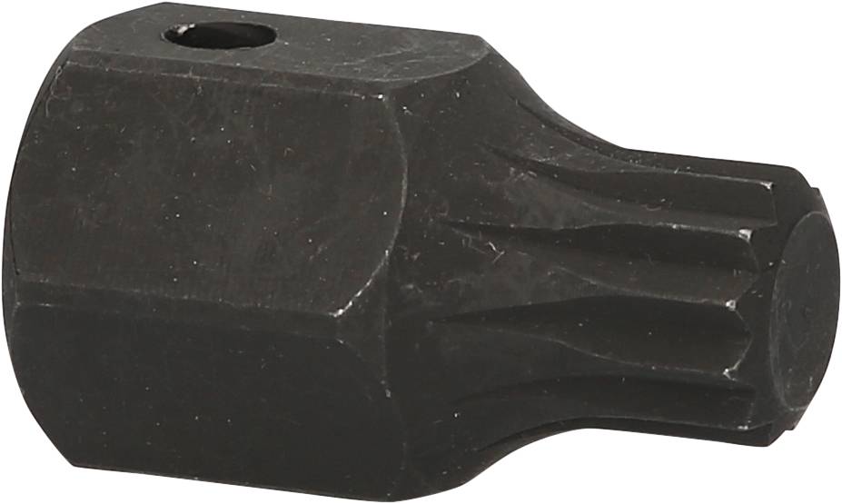 Schwarzes, zylindrisches Metallwerkzeug mit Sechskant- und Riffelstruktur, vermutlich ein Steckschlüsselaufsatz.