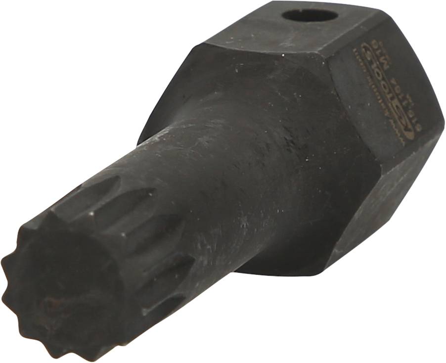 Ein schwarzes, sechskantiges Metallstück mit einem gezahnten Ende und einem Loch im anderen Ende.