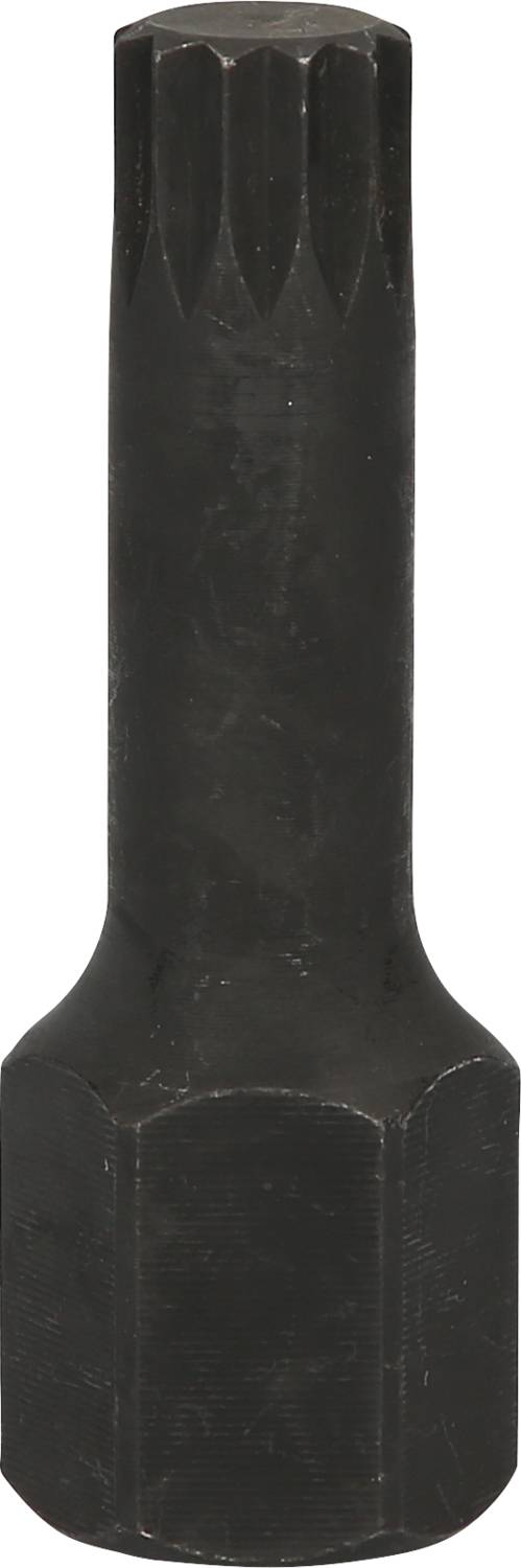 Ein schwarzer, sechskantiger Steckschlüssel mit Zahnprofil für spezielle Schrauben.