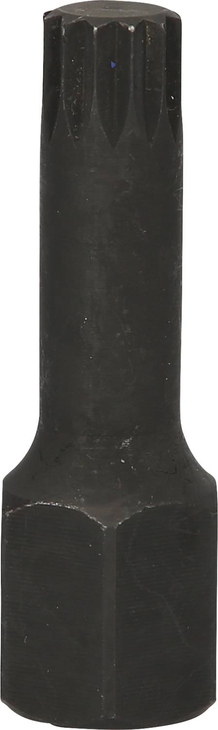 Ein schwarzer, metallischer Steckschlüsseleinsatz mit verzahnter Spitze und sechseckiger Basis, verwendet für spezielle Schraubverbindungen.