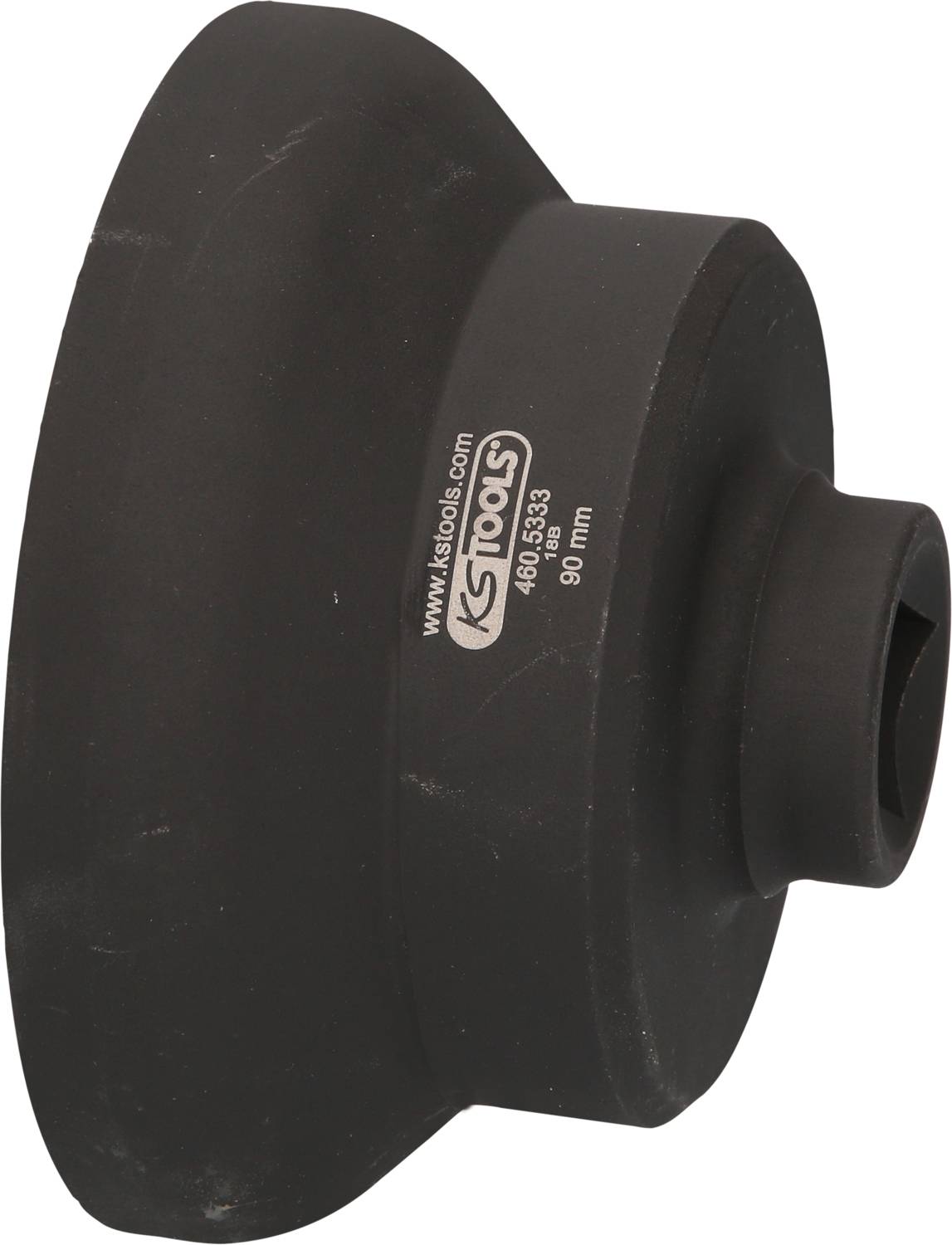 Ein schwarzes Kfz-Werkzeug, konisch geformt, mit der Aufschrift 'KS Tools', Durchmesser 90 mm, zur Wartung oder Reparatur.