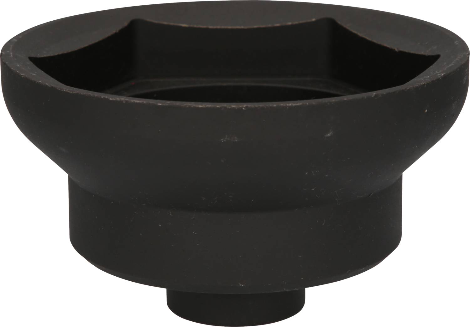 Schwarzes, trichterförmiges Gerät mit breiter Öffnung und schmalem Boden, möglicherweise Teil eines technischen Geräts oder Werkzeugs.