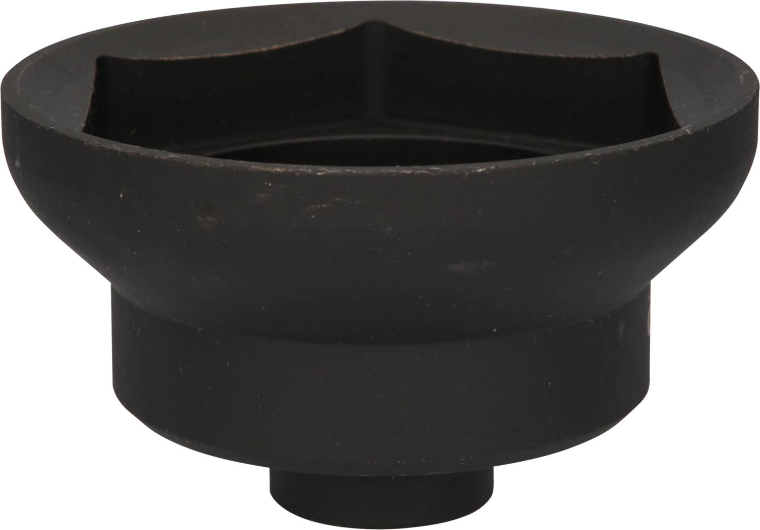 Schwarzer, kreisförmiger Metalladapter in Schalsteinform, möglicherweise ein Werkzeugteil oder eine Komponente für Maschinen.