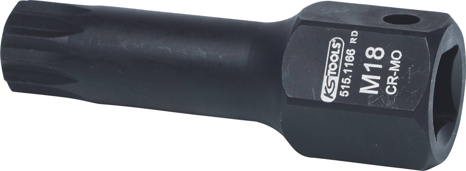 Schwarze Vielzahn-Nuss mit der Aufschrift 'M18 CR-MO' und 'KS Tools'. Geeignet für Montage- und Demontagearbeiten an Fahrzeugen.