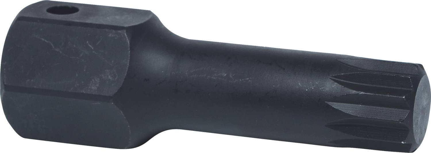 Schwarzes, metallisches Zahnprofil-Werkzeug mit sechseckigem Kopf, verwendet zur Montage oder Demontage von Fahrradkomponenten.