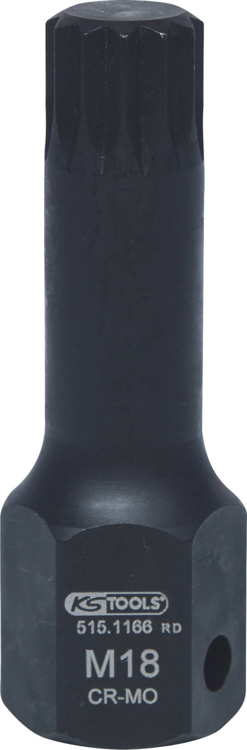 Schwarze Vielzahnnuss von KS Tools, Modell M18, aus CR-MO Stahl, geeignet für Schraubarbeiten.