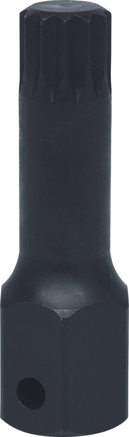 Ein schwarzer Zylinder mit geriffeltem Kopf, scheinbar ein speziell geformtes Werkzeug oder Aufsatz.