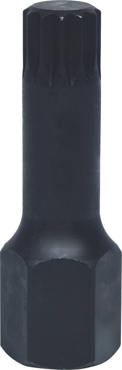 Ein schwarzer Werkzeugaufsatz mit geriffeltem Schaft und sechseckigem Ende, vermutlich ein Steckschlüssel oder Bit-Einsatz.
