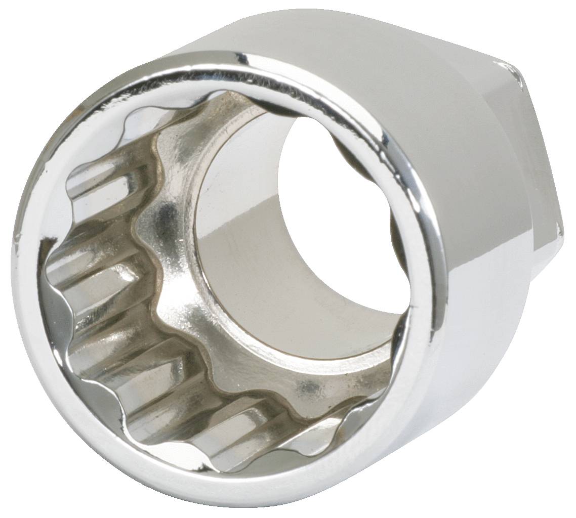 Silberfarbener metallischer Steckschlüsselaufsatz mit zwölf Zähnen und sechseckiger Außenform, zur Verwendung mit einem Drehmomentschlüssel.