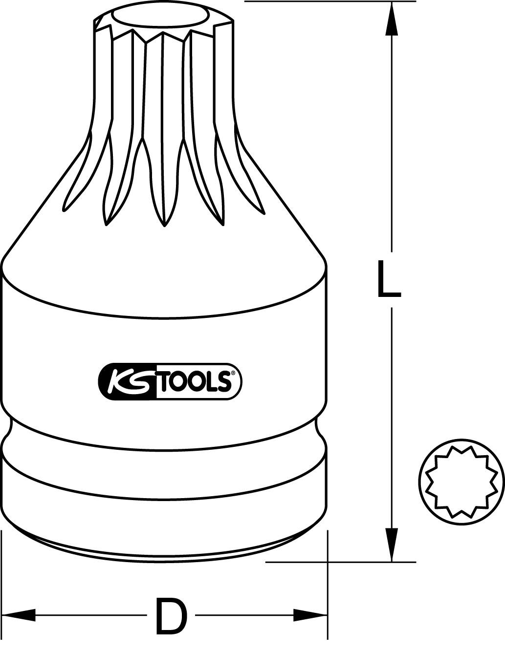 Abbildung eines Stecknussadapters von KS Tools mit Markenzeichen. Zeigt Dimensionen 'L' für Länge und 'D' für Durchmesser an.