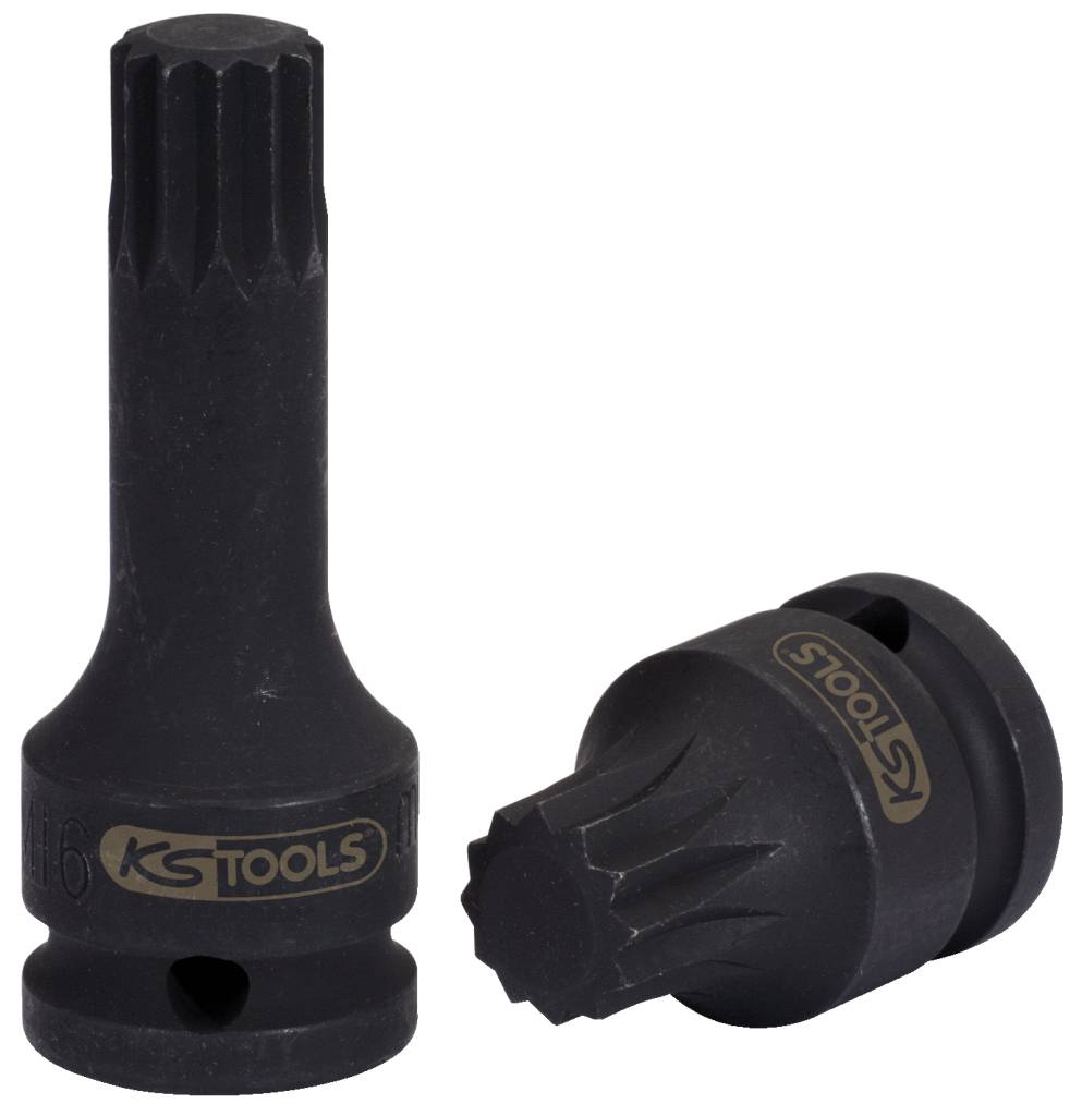Zwei schwarze Schrauberbits mit Sechskantantrieb, eines stehend, das andere liegend. Beide mit 'KS TOOLS'-Logo.